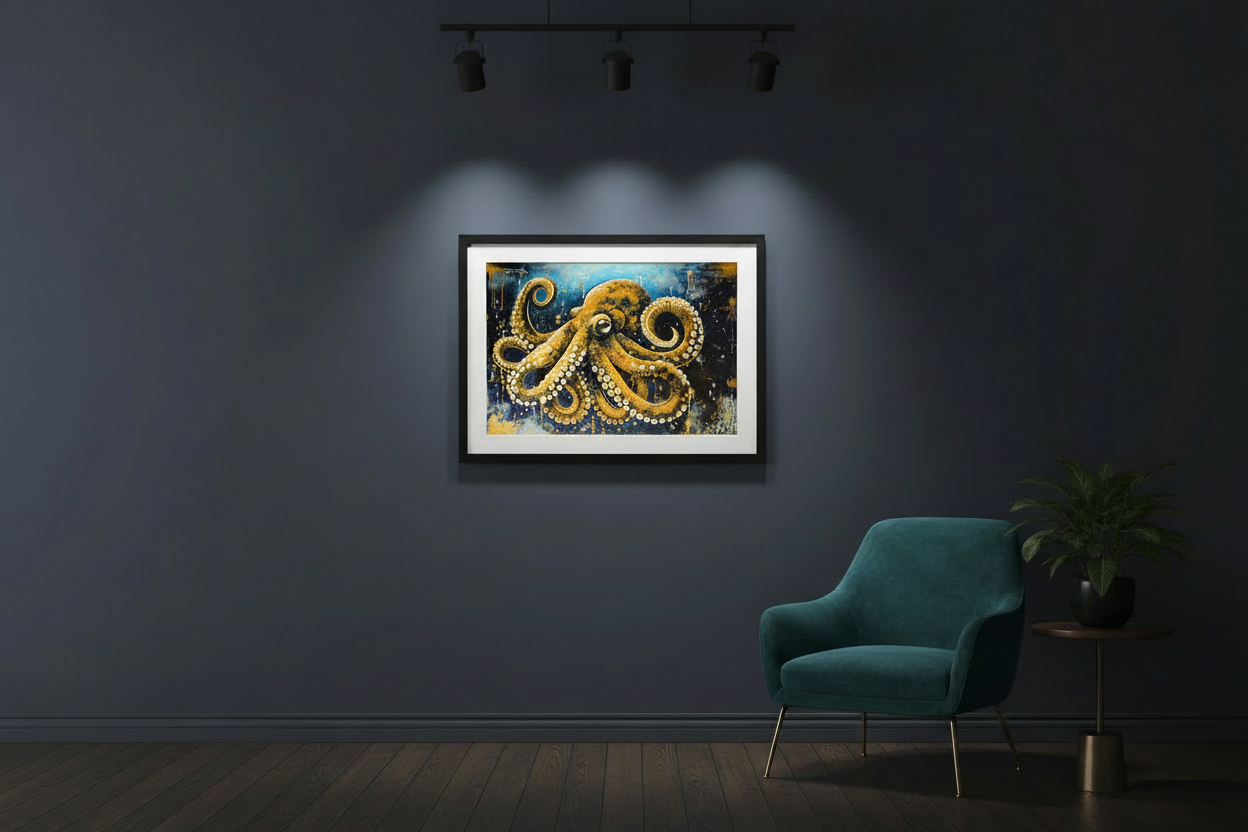 Yellow Octopus - minimal border - dark interior