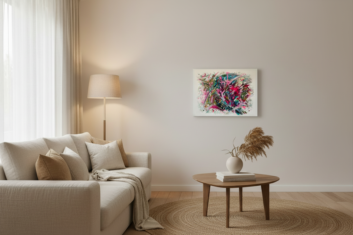 Limitless original artwork displayed at a smaller, realistic scale on a living room wall